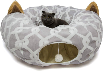 Cat Dog Tunnel Bed with Cushion Tube Toys Oxford Cloth Large Diameter Longer Crinkle Collapsible 3 Way for Large Cats Kittens Kitty Small Puppy Outdoor 3FT